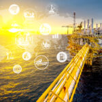 Industrail offshore oil and gas rig platform in the gulf of Thailand and physical system icons concept, Industry 4.0 concept.