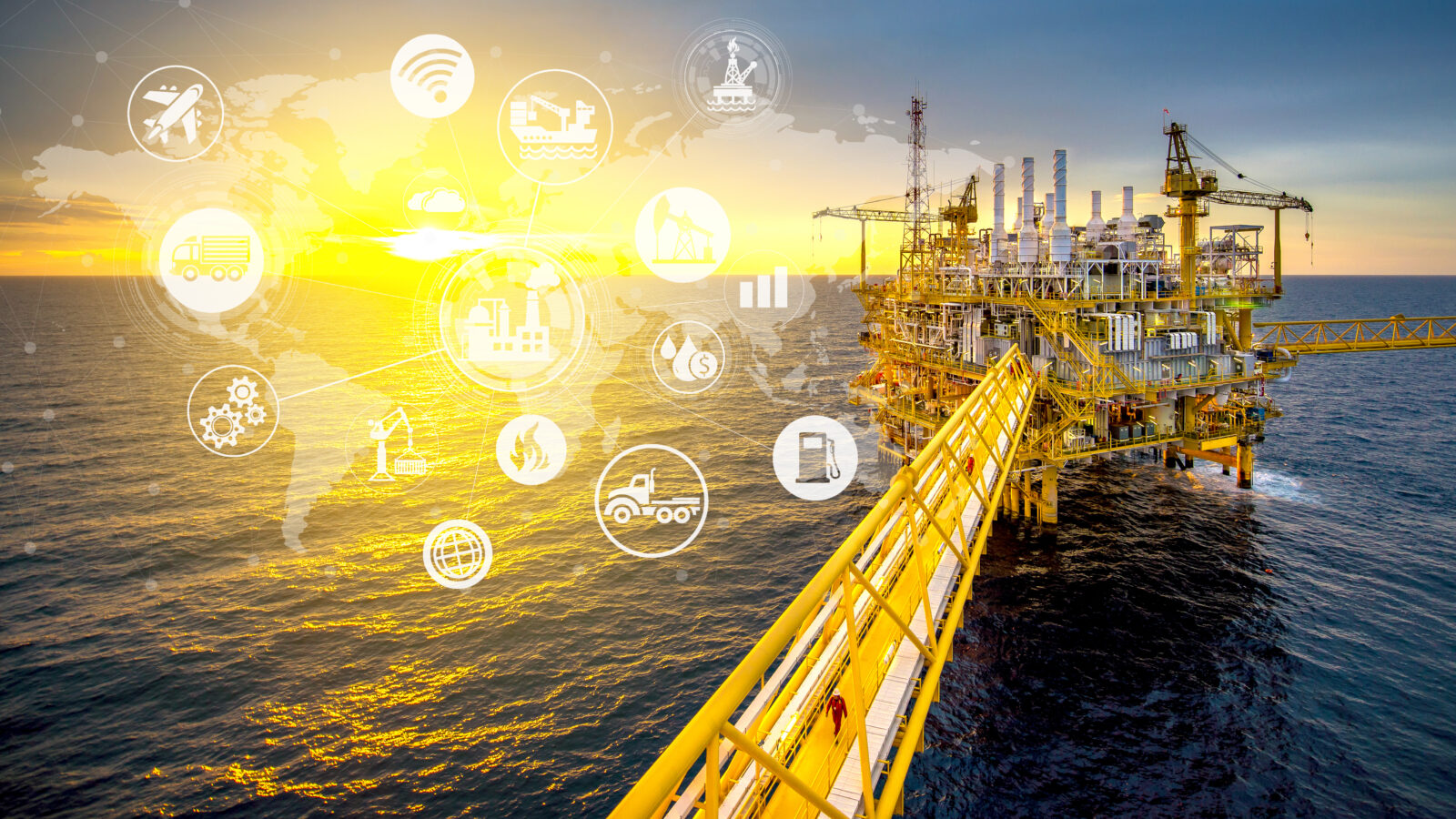 Industrail offshore oil and gas rig platform in the gulf of Thailand and physical system icons concept, Industry 4.0 concept.