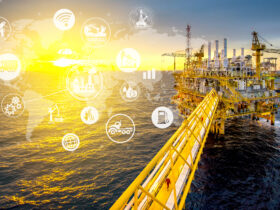 Industrail offshore oil and gas rig platform in the gulf of Thailand and physical system icons concept, Industry 4.0 concept.