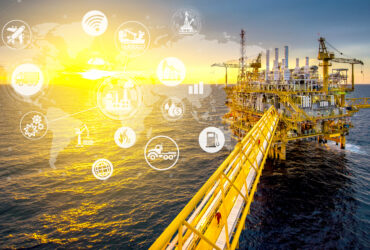 Industrail offshore oil and gas rig platform in the gulf of Thailand and physical system icons concept, Industry 4.0 concept.